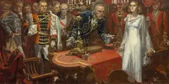 Elbert McGran Jackson, "'By taking tea with a stranger,' thundered the duke, 'Your Highness has involved Leiderstein in scandal!'" from The Princess from America by Royal Brown, circa 1935, oil on canvas