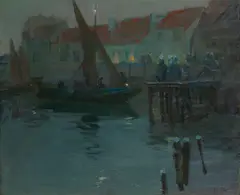 The Harbor at Night, Concarneau by Richard Edward Miller, oil on canvas, sold May 2023