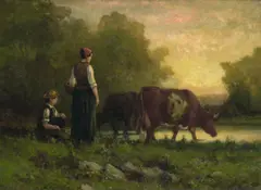 Edward Bannister, Cows at the Watering Hole, oil on canvas