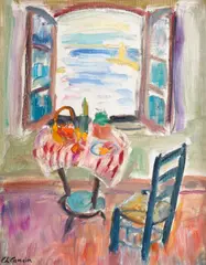 Charles Camoin, Nature morte au guéridon et chaise bleue devant la fenêtre de l'atelier, 1951, oil on canvas board