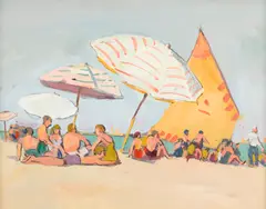 Beach Scene with Yellow and Orange Sail by Jane Peterson, circa 1935, gouache, ink and pencil on grey paper, sold Mar 2022