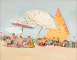 Jane Peterson, Beach Scene with Yellow and Orange Sail, circa 1935, gouache, ink and pencil on grey paper