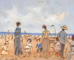 Henri Saint Clair, Scène de plage animée, oil on board