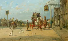 The departure - Bell Inn, Stilton by George Wright, oil on canvas laid down on masonite, sold Oct 2022