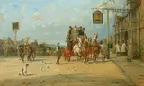 George Wright, The departure - Bell Inn, Stilton, oil on canvas laid down on masonite