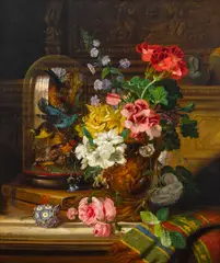 John Wainwright, Flowers and canaries, oil on canvas