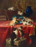 Marie Yvonne Laur, Curious cats and the goldfish bowl, oil on canvas
