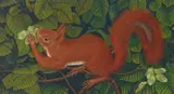 Adolf Dietrich, A squirrel and a caterpillar in a hazelnut tree, oil on board