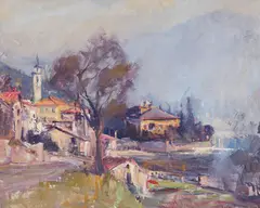 Robert C. Gruppe, Village Scene, oil on canvas
