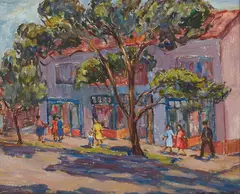 Sara Kolb Danner, Sidewalk Scene, oil on canvasboard