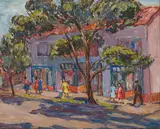 Sara Kolb Danner, Sidewalk Scene, oil on canvasboard