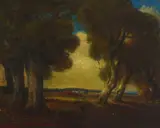 William Keith, Shepherd and Flock Through Trees, oil canvas affixed to Masonite