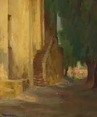 San Gabriel Mission by Jean Mannheim, oil on canvas, sold Dec 2022