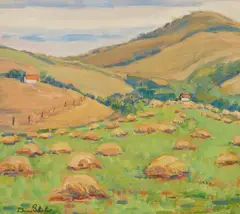 Donna N. Schuster, Haystacks, oil on board