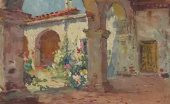 Mission Courtyard by Colin Campbell Cooper, gouache on board, sold Dec 2022