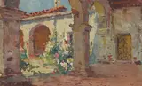 Colin Campbell Cooper, Mission Courtyard, gouache on board