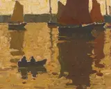 Glenn Dean, Two Figures in a Boat Along a Harbor
