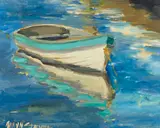 Allayn Stevens, Lone Rowboat, oil on canvasboard
