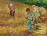 Cecil Crosley Bell, Pitching Hay, oil on board