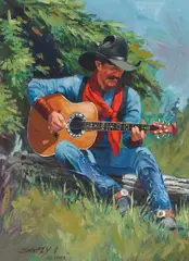 Robert, Cowboy Playing Guitar, oil on board