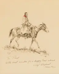 Olaf Wieghorst, Indian on Horseback, ink and red watercolor on brown paper