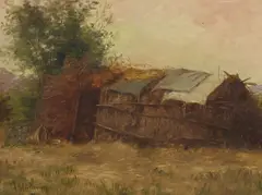 Grace Hudson, Indian Dwelling with Basket, oil on canvas affixed to board