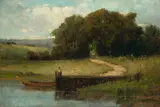 Edward Bannister, Figure on a Pier at Edge of Lake, oil on canvas