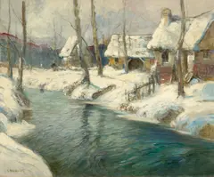 George Ames Aldrich, A Village by a River in Winter, oil on canvas