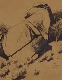 Maynard Dixon, Boulders, Onion Valley, Nevada, ink and black paint on brown paper