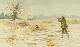 Olaf Carl Seltzer, Duck hunting scene with hunter and dog, watercolor and gouache on paper