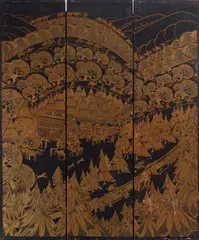 Sadie Van Patten Hall, Gold Ridge, California Gold Rush Three-panel Screen, oil and gilt paint on painted wooden panel