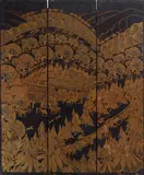 Sadie Van Patten Hall, Gold Ridge, California Gold Rush Three-panel Screen, oil and gilt paint on painted wooden panel