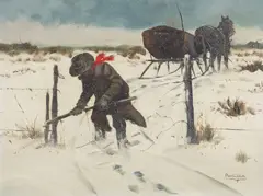 Austin Deuel, Dr. Miller Repairing a Fence in Winter, oil on canvas