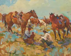 Frank B. Hoffman, Cowboy conversation, oil on Masonite