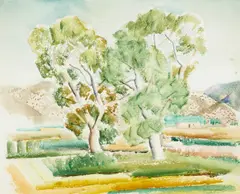 William Victor Higgins, Composition with Two Trees and Landscape with House and Horno (a double-sided work), circa 1935, watercolor on paper