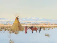 Tending Horses by John Brent Jarvis, watercolor and gouache on paper, sold Nov 2022