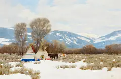 Jeff Ricks, Teepee encampment in winter, oil on Masonite