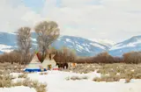 Jeff Ricks, Teepee encampment in winter, oil on Masonite