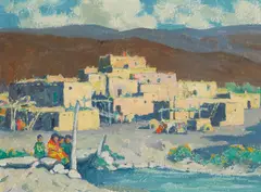 Taos Pueblo, 1st Skyscrapers in America by Eanger Irving Couse, oil on board, sold Nov 2022