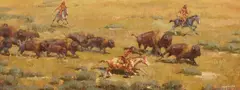 Piegan Buffalo Runners by Frank Hagel, oil on board, sold Nov 2022