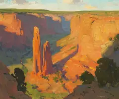 Bill Cramer, Time and Place, Spiderwoman Rock, Canyon de Chelly, Navajo Tribal Park, Arizona, oil on canvasboard