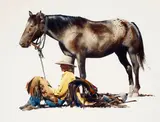 William Matthews, Cowboy resting near his horse, watercolor on paper
