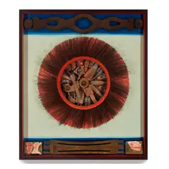 Gordon Wagner, Sunburst, 1968, assemblage of wood, ceramic, metal, brush hairs and latex paint on canvas on panel