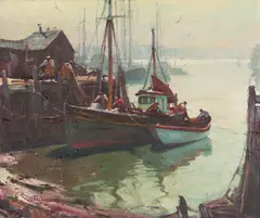 Rockport Fishing Boats by Anthony Thieme, oil on canvas, sold Aug 2022