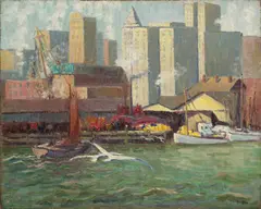 Alice Hirsh, East River View (Fulton Fish Market), oil on canvas laid down on Masonite