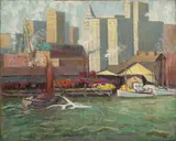 Alice Hirsh, East River View (Fulton Fish Market), oil on canvas laid down on Masonite