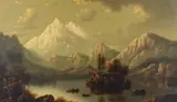 Eliza Barchus, Snowcapped mountains above a lake, oil on canvas
