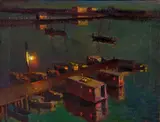 Charles Rollo Peters, Houseboats and Wharf Nocturne, oil on canvas