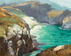 Dewitt Parshall, Sand Beach and Cliffs, Carmel, oil on redwood panel