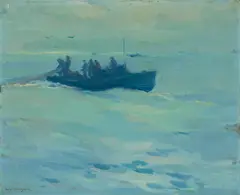 Armin Carl Hansen, Hauling in the Net and Boats along a pier (Double-sided), oil on board
